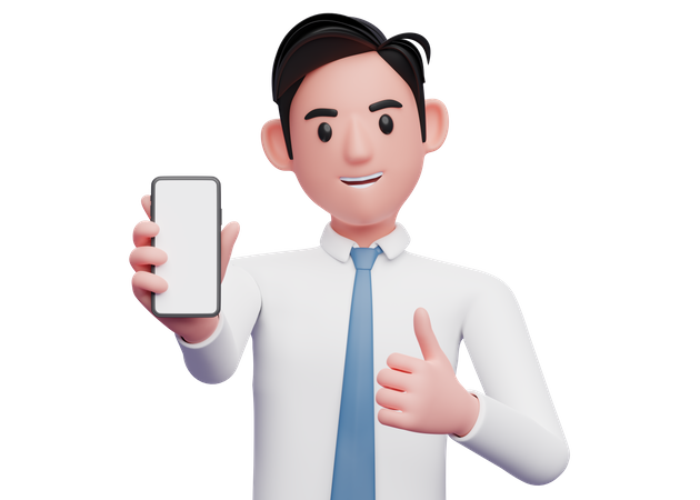 Businessman in white shirt giving appreciation with a thumbs while showing a mobile screen  3D Illustration