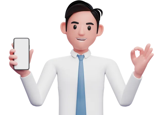 Businessman in white shirt giving ok finger while showing phone screen  3D Illustration