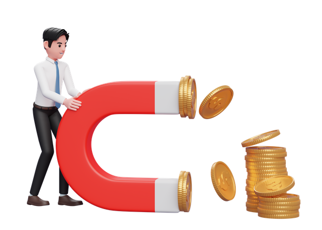 Businessman in white shirt Hold a Big Magnet To Attract Coins  3D Icon