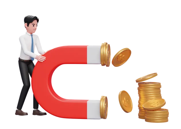 Businessman in white shirt Hold a Big Magnet To Attract Coins  3D Illustration