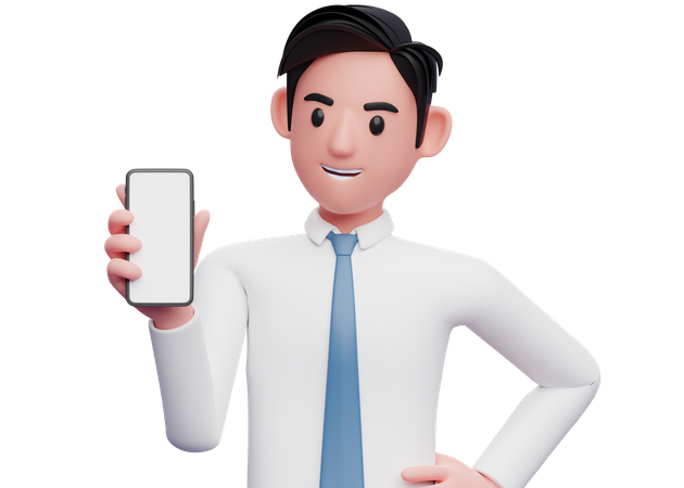 Businessman in white shirt holding and looking phone with left hand on waist  3D Illustration