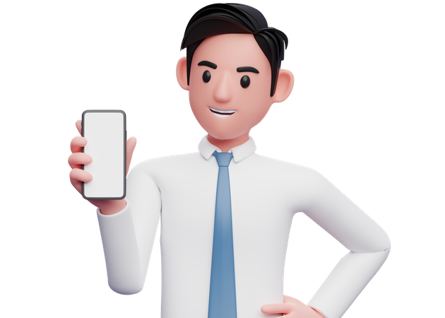 Businessman in white shirt holding and looking phone with left hand on waist  3D Illustration