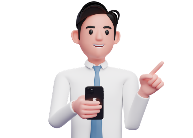 Businessman in white shirt holding phone and pointing to the side  3D Icon