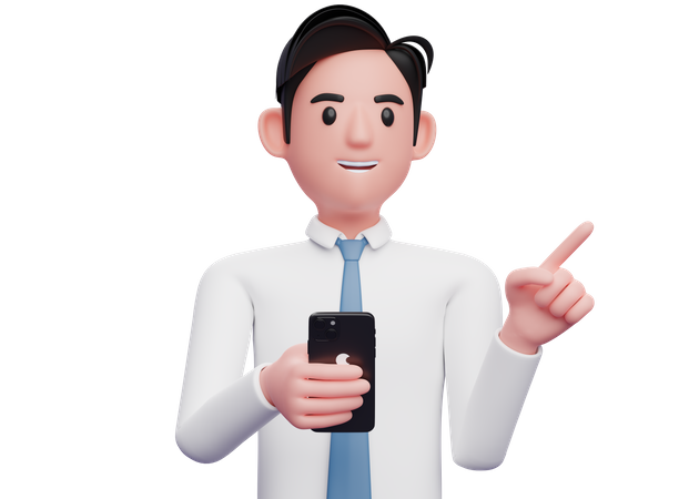 Businessman in white shirt holding phone and pointing to the side  3D Illustration