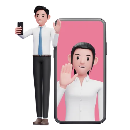 Businessman in white shirt making a video call with colleagues  3D Illustration