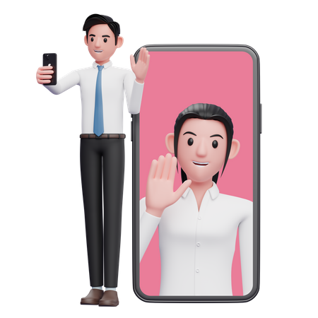 Businessman in white shirt making a video call with colleagues 3D Illustration
