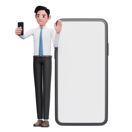 Businessman in white shirt making video call and waving hand  3D Icon