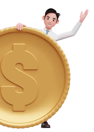 Businessman In White Shirt Peek Behind The Big Coin 3 D Illustration Of A Businessman In White Shirt Holding Dollar Coin 3D Illustration