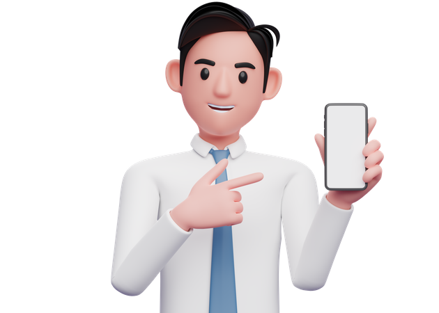 Businessman in white shirt pointing finger at cell phone in hand  3D Icon