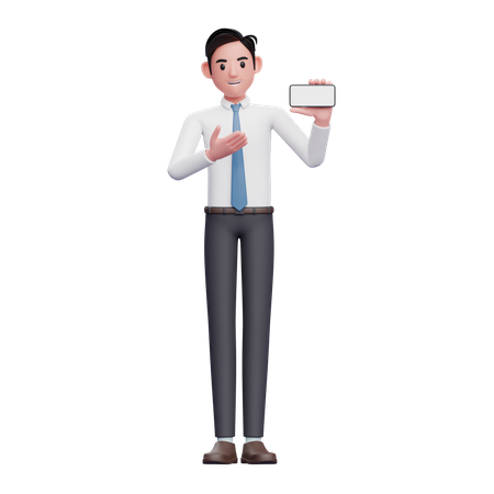 Businessman in white shirt pointing to phone screen 3D Illustration