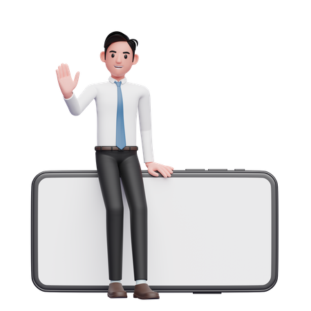 Businessman in white shirt sitting on a phone and waving hand  3D Illustration