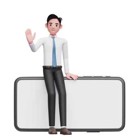 Businessman in white shirt sitting on a phone and waving hand  3D Illustration