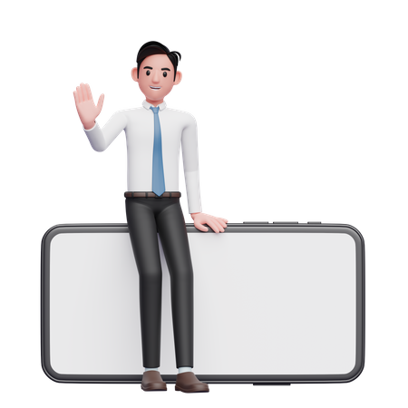 Businessman in white shirt sitting on a phone and waving hand 3D Illustration