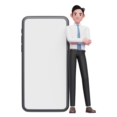 Businessman in white shirt standing and leaning on phone  3D Illustration