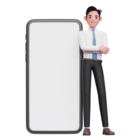Businessman In White Shirt Leaning On Phone With Big White Screen 3 D Illustration Of Businessman Using Phone 3D Illustration