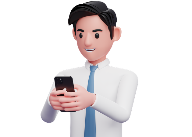 Businessman in white shirt typing a message on a cell phone 3D Illustration