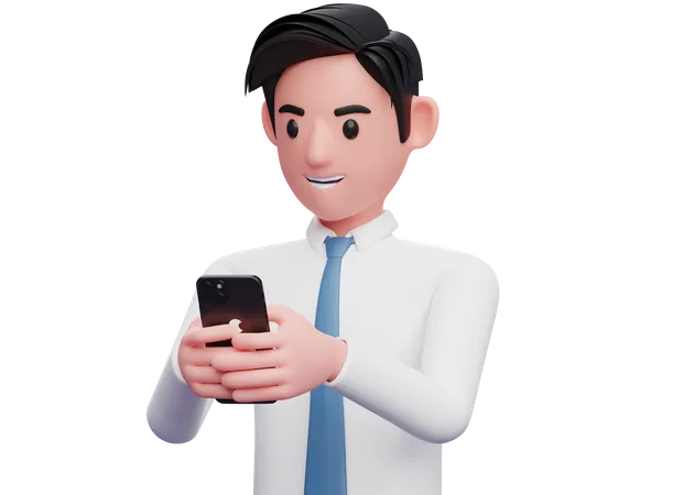Businessman in white shirt typing a message on a cell phone 3D Illustration