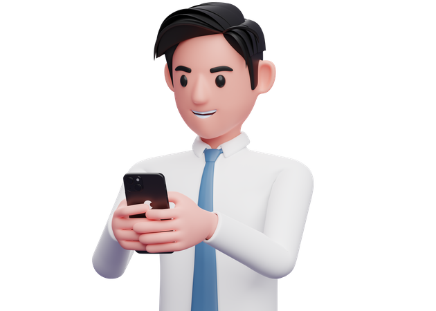 Businessman in white shirt typing a message on a cell phone  3D Illustration