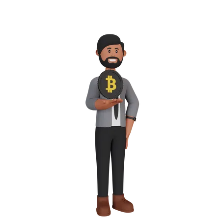 Businesman Holding Bitcoin Sign 3D Illustration