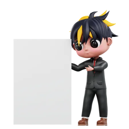 3 D Cute Businessman Pointing Right To White Board 3D Illustration