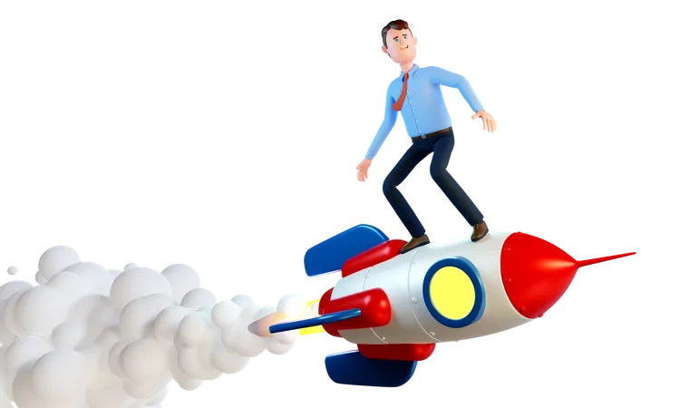 3 D Man Starts On A Rocket Businessman Launching A Startup Project 3 D Image 3 D Render 3D Illustration