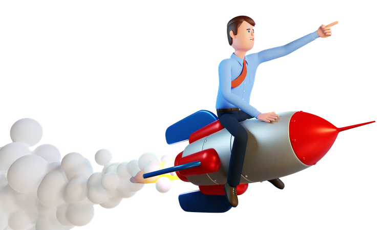 Businessman Is Flying On A Rocket 3D Illustration