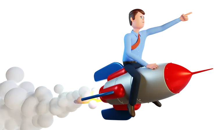 3 D Businessman Is Flying On A Rocket Startup Project Concept 3 D Image 3 D Render 3D Illustration