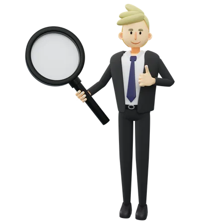 Businessman is holding a big magnifying glass  3D Illustration