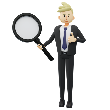 Businessman is holding a big magnifying glass 3D Illustration