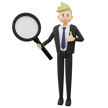 Businessman is holding a big magnifying glass 3D Illustration
