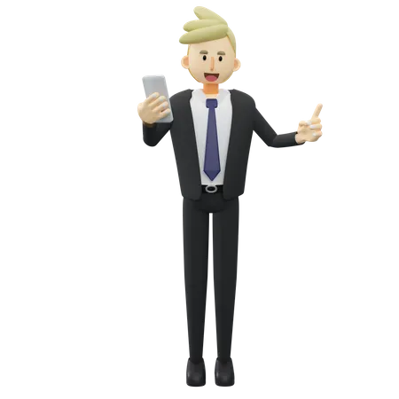 Business Concept Full Length Of Businessman Is Holding A Smartphone 3 D Rendering Cartoon Illustration 3D Illustration