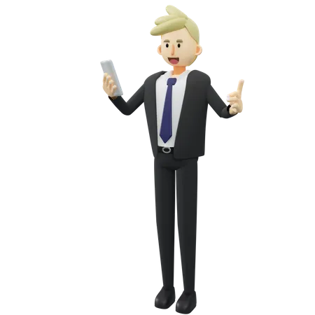 Business Concept Full Length Of Businessman Is Holding A Smartphone 3 D Rendering Cartoon Illustration 3D Illustration