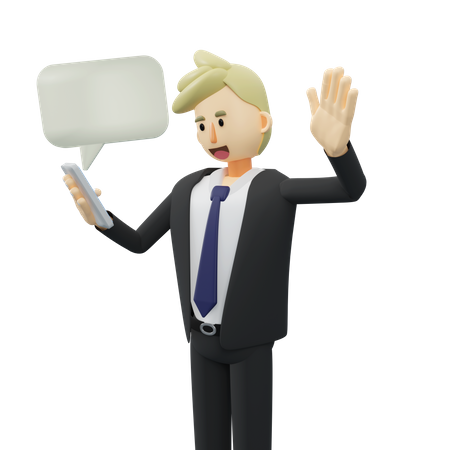 Businessman is holding a smartphone answering chat 3D Illustration