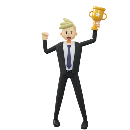 Businessman is holding a trophy 3D Illustration