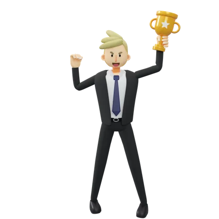 Business Concept Successful Full Length Of Businessman Is Holding A Trophy 3 D Rendering Cartoon Illustration 3D Illustration