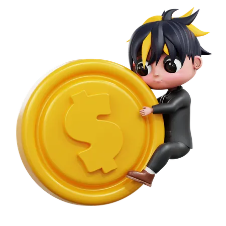 3 D Cute Businessman Huge A Coin 3D Illustration