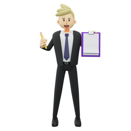Businessman is holding pencil and clipboard 3D Illustration