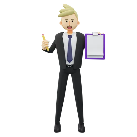 Businessman is holding pencil and clipboard 3D Illustration