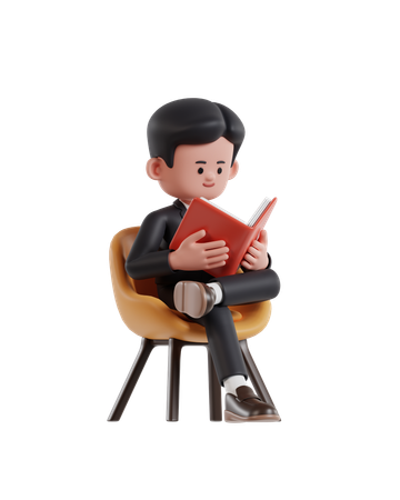 Businessman is sitting on a chair and reading a book  3D Illustration