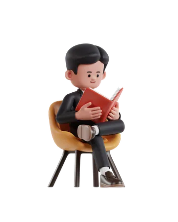3 D Illustration Of Cartoon Businessman Is Sitting On A Chair And Reading A Book 3D Illustration