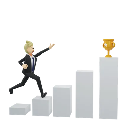 Business Goal Concept Full Length Of Businessman Is Trying To Get Goal Trophy 3 D Rendering Cartoon Illustration 3D Illustration