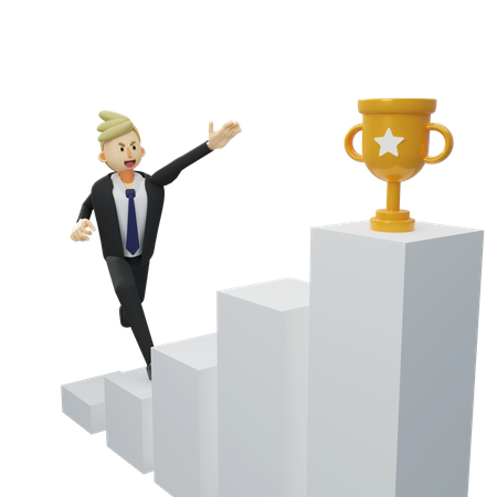 Businessman is trying to get goal trophy 3D Illustration