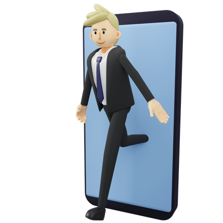 Businessman is walking out from smartphone 3D Illustration