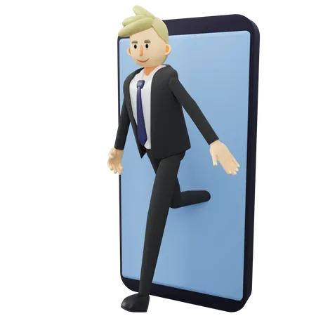Businessman is walking out from smartphone  3D Illustration