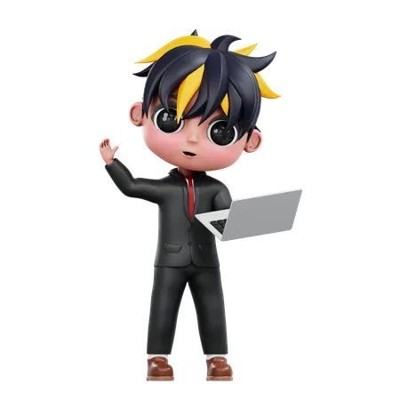 3 D Cute Businessman Standing With Laptop 3D Illustration