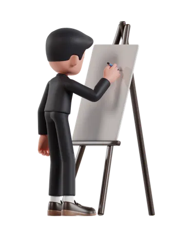 3 D Illustration Of Cartoon Businessman Is Writing On Presentation Board 3D Illustration