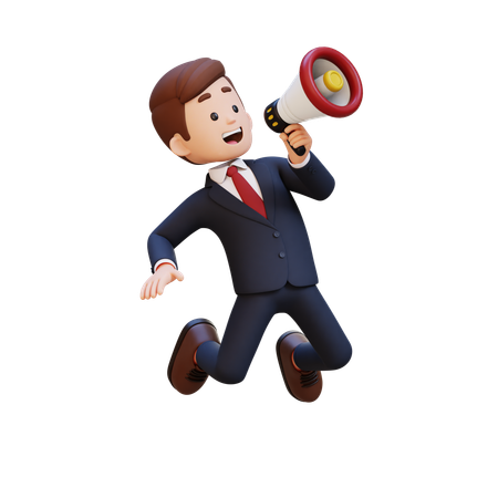 Businessman Jumping And Holding Megaphone  3D Illustration