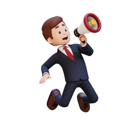 3 D Businessman Character Jumping And Holding A Megaphone 3D Illustration