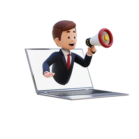 3 D Businessman Character Jumping Out From Computer Screen And Holding A Megaphone 3D Illustration