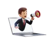 Businessman Jumping Out From Computer Screen And Holding Megaphone